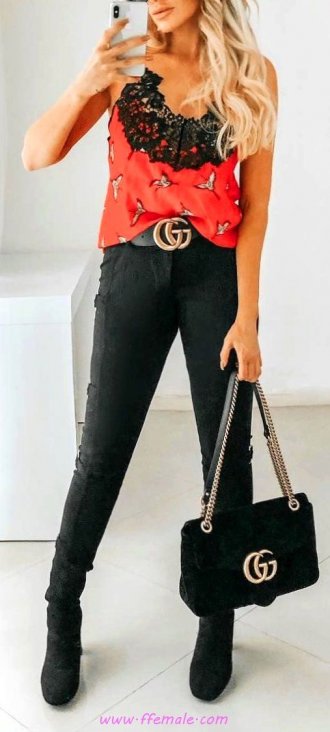 Awesome and trendy outfit idea - fashion, red, camisole, black, pants