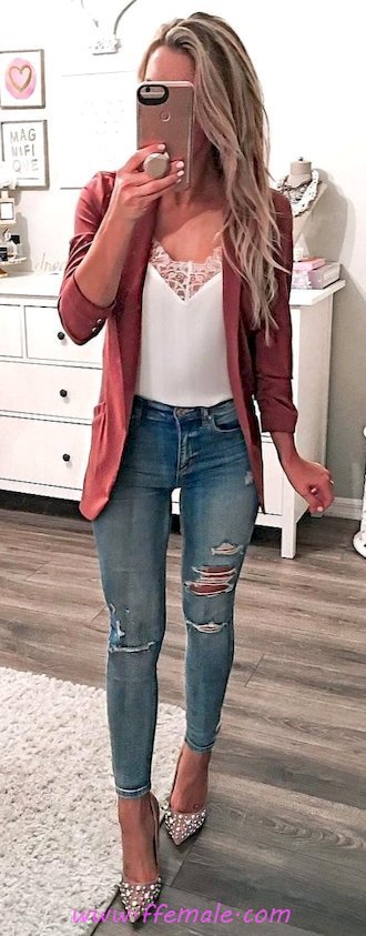 Beautiful and lovely inspiration idea - denim, blazer, pumps, lace, attractive, heels, elegant, white