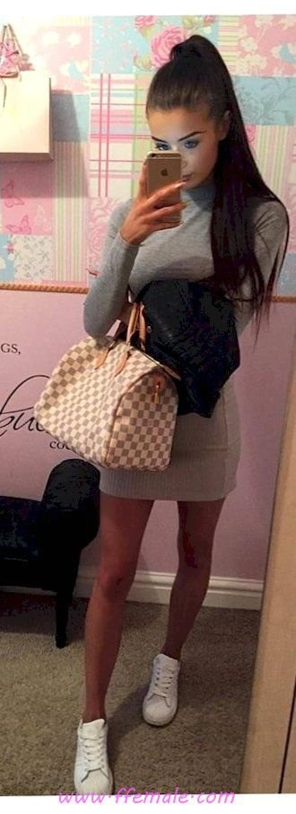Best awesome and cute look - gray, sneakers, handbag