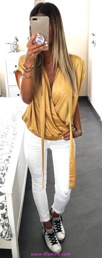 Best classic and relaxed inspiration idea - denim, sneakers, white, yellow