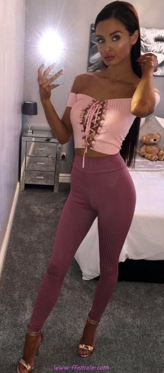 Best comfortable and shiny look - heels, offshoulder, leggins, posing, lifestyle, pink