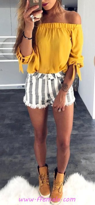 Best elegant and pretty wardrobe - shorts, striped, yellow, strapless, boots