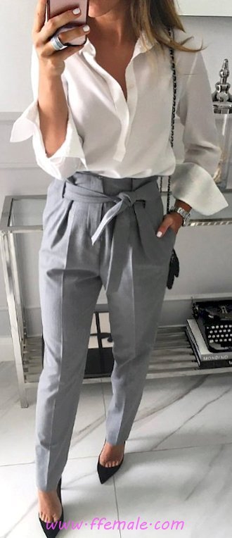 Best fashionable and simple outfit idea - classy, gray, pants, pumps, style, elegance, white