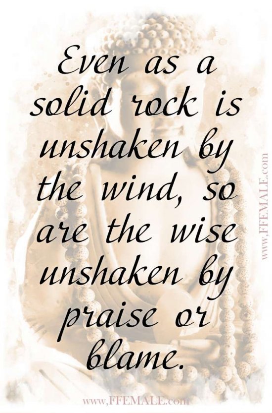 Top 100 Inspirational Buddha Quotes: Even as a solid rock is unshaken by the wind, so are the wise unshaken by praise or blame #quotes #Buddha #deep #inspiration #motivation