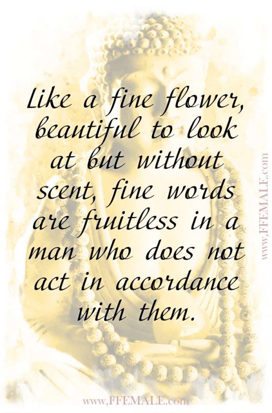 Top 100 Inspirational Buddha Quotes: Like a fine flower, beautiful to look at but without scent, fine words are fruitless in a man who does not act in accordance with them #quotes #Buddha #deep #inspiration #motivation