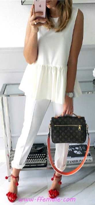 Comfortable and simple wardrobe - heels, bell, pants, white, red, handbag