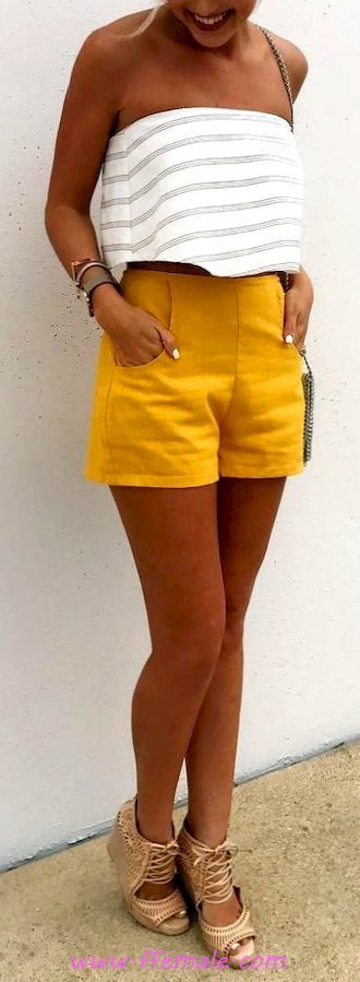 Elegant and shiny look - shorts, striped, photoshoot, female, wearing, yellow, strapless