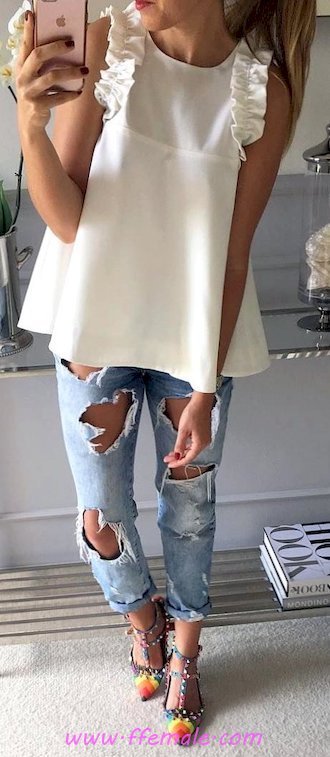 Elegant and top outfit idea - denim, female, posing, heels, style, white