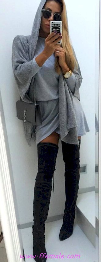 Finest - attractive and pretty look - cardigan, gray, kneehigh, sunglasses, handbag