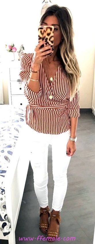 Finest - beautiful and handsome outfit idea - denim, vneck, striped, sandals, white