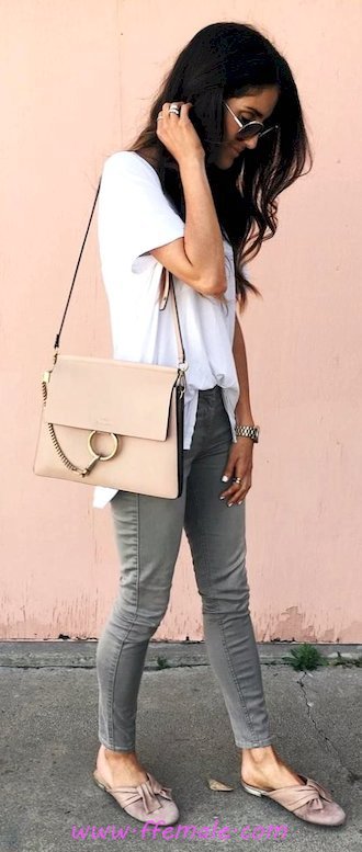 Finest - classic and trendy outfit idea - denim, gray, sunglasses, white, handbag