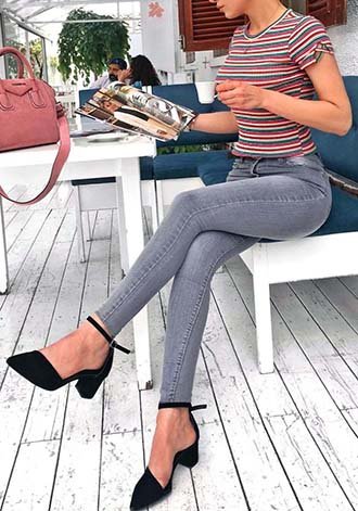 Finest - comfortable and lovely inspiration idea - tanktop, denim, skinny, gray, striped, model, female, posing