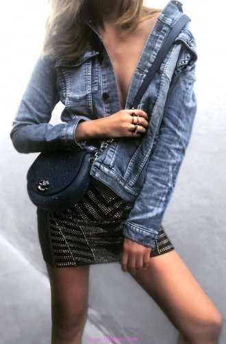 Finest - elegant and shiny outfit idea - denim, mini, photoshoot, girl, posing, handbag