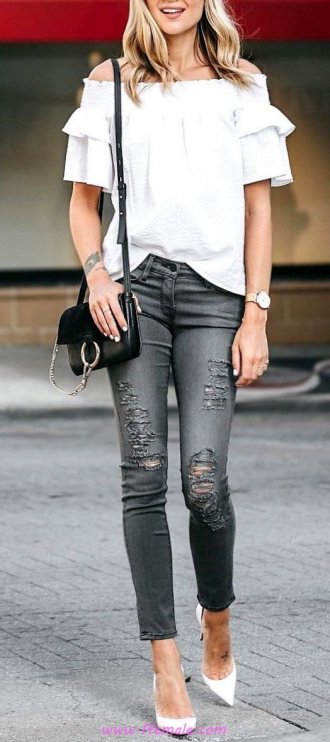 Finest - fashionable and super wardrobe - denim, offshoulder, gray, pumps, white, handbag