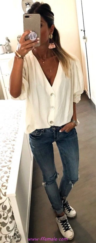 Finest - furnished and pretty outfit idea - denim, vneck, sneakers, white
