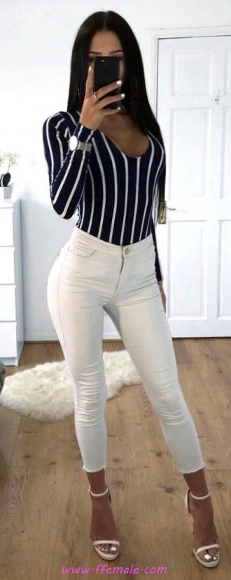 Finest - graceful and lovely outfit idea - denim, striped, model, white