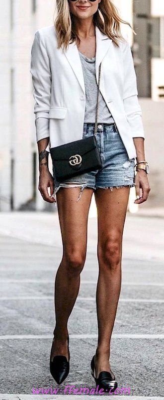 Finest - graceful and lovely wardrobe - shorts, denim, blazer, white, blue, handbag