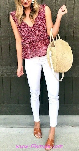 Furnished and hot look - printed, denim, vneck, mules, white, handbag