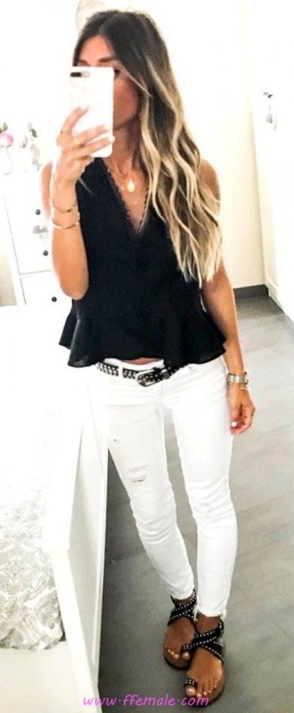 Furnished and wonderful look - denim, vneck, sandals, black, white