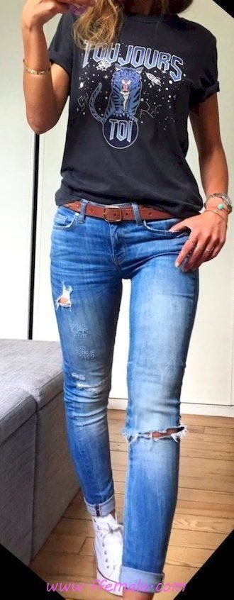 Glamour and perfect outfit idea - denim, sneakers, tshirt, lifestyle, black, blue, accessories