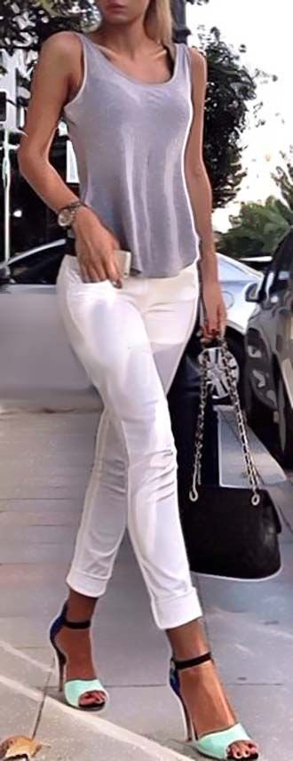 Glamour and shiny wardrobe - tanktop, gray, heels, white, handbag