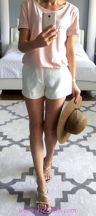 Glamour and simple look - shorts, hat, sandals, female, posing, style, pink, white