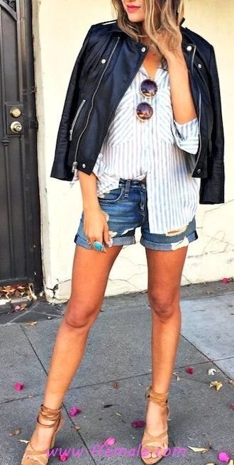 My classic and handsome outfit idea - shorts, denim, striped, jacket, gladiators, black, white, blue