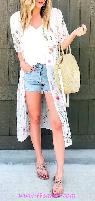 My comfortable and trendy wardrobe - shorts, denim, vneck, floral, posing, lifestyle, white, handbag
