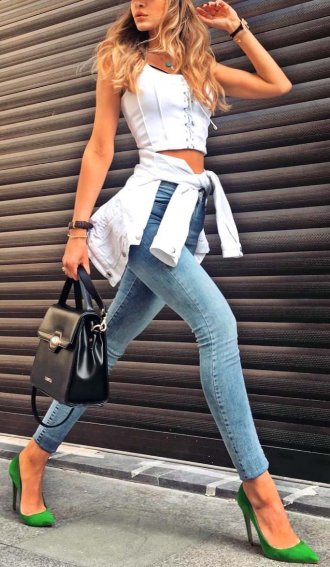 My elegant and top look - tanktop, denim, pumps, fashionmodel, shoes, white, handbag, accessories