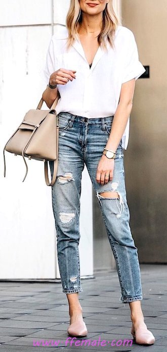 My fashionable and trendy wardrobe - denim, pumps, model, posing, white, handbag