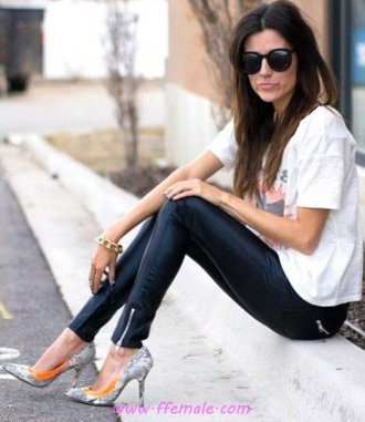 My glamour and simple inspiration idea - heels, leather, tshirt, sunglasses