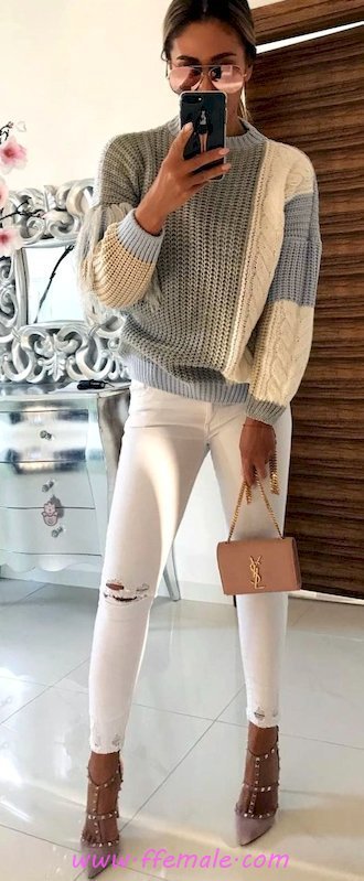 My graceful and pretty outfit idea - heels, denim, skinny, sweater, sunglasses, handbag