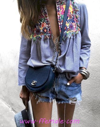My wonderful inspiration idea - shorts, denim, boho, female, posing, elegant, clothes, blue, handbag