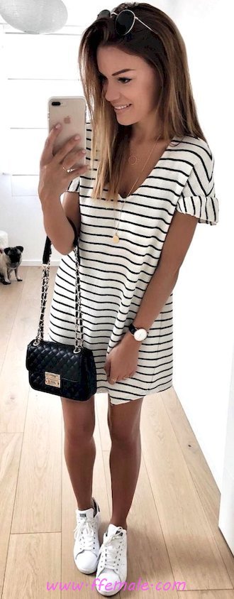 Pretty outfit idea - striped, sneakers, girl, shoes, shopping, handbag