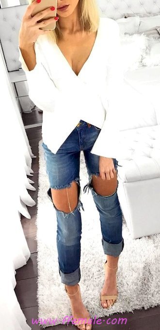 Relaxed look - denim, vneck, female, posing, wearing, heels, white, blue