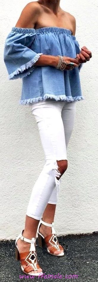 Summer Outfits Finest - elegant and lovely inspiration idea - denim, offshoulder, photoshoot, posing, lifestyle, heels, white, blue