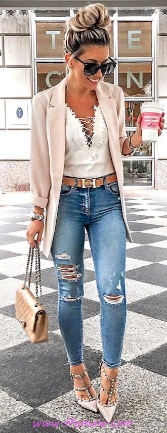 Summer Outfits Top glamour and hot inspiration idea - denim, vneck, blazer, photoshoot, happy, style, sunglasses