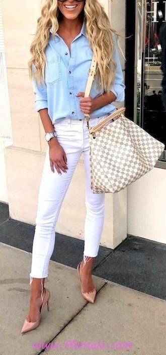 Summer Outfits Beautiful and trendy inspiration idea - denim, shirt, pumps, photoshoot, white, blue, handbag