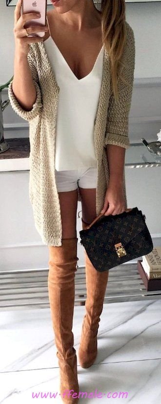 Summer Outfits Awesome and perfect outfit idea - cardigan, vneck, kneehigh, style, white, handbag