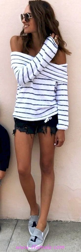 Summer Outfits Best attractive and hot look - shorts, offshoulder, striped, photoshoot, posing, lifestyle, sunglasses