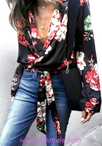 Top adorable and perfect look - denim, vneck, floral, female, posing, wearing, black