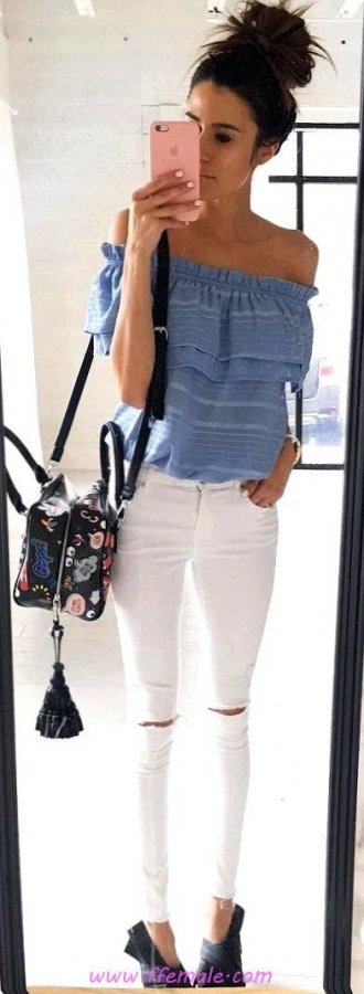 Top awesome and pretty inspiration idea - denim, offshoulder, white, handbag