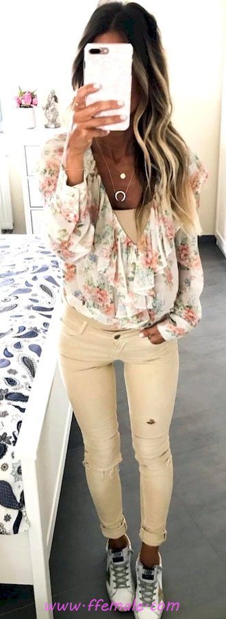 Top awesome and simple look - denim, floral, sneakers, clothing, lifestyle
