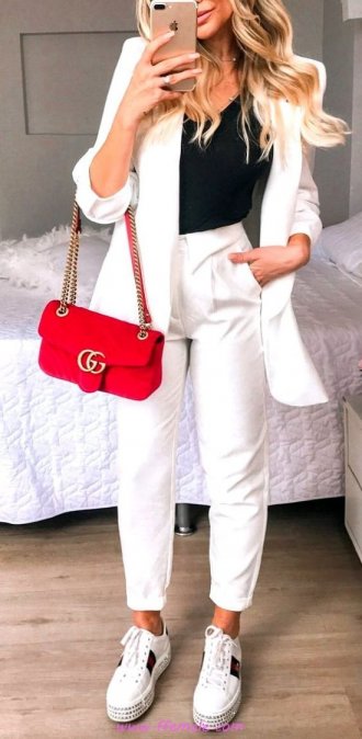 Top classic and cute outfit idea - sneakers, blazer, photoshoot, outerwear, white, handbag