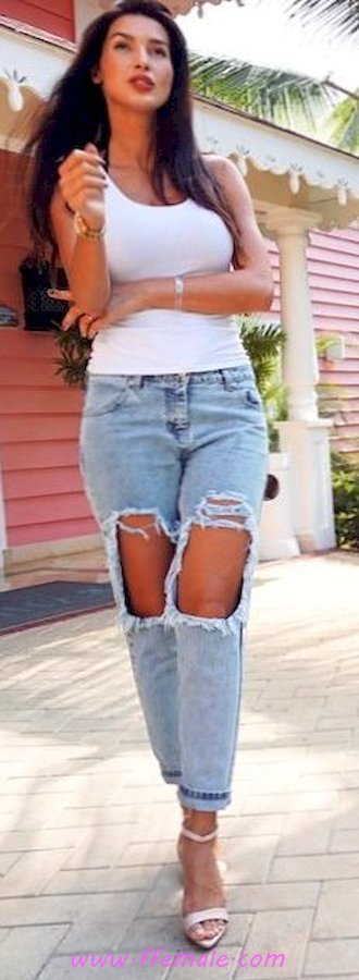 Top elegant and handsome look - tanktop, denim, female, posing, heels, style, white
