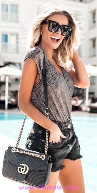 Top fashionable and cute inspiration idea - denim, gray, posing, attractive, happy, sunglasses, handbag