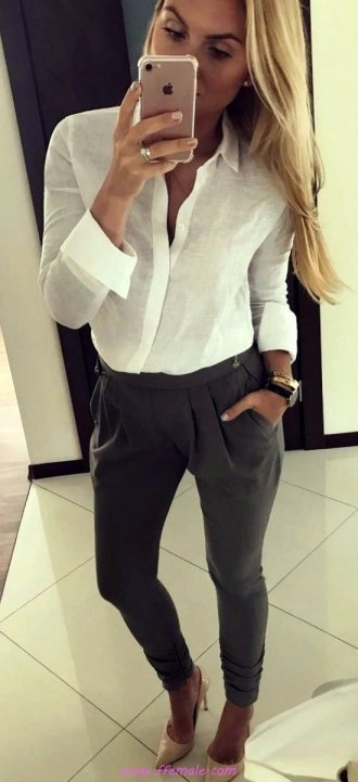 Top furnished and trendy look - gray, pants, shirt, pumps, heels, style, white