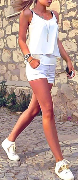 Top glamour and hot outfit idea - shorts, sneakers, girl, lifestyle, white