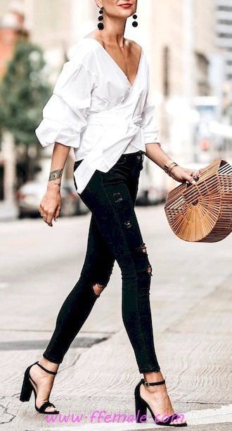 Top glamour and wonderful look - vocation, denim, vneck, black, white, accessories